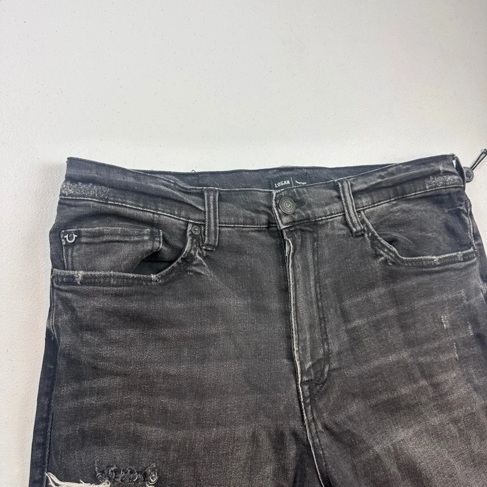 True Religion Logan Jeans Mens 36 Black Relaxed Taper Distressed Denim Pants